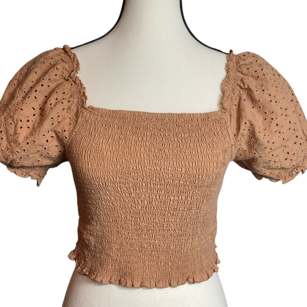 Love Tree smocked crop top with puffy balloon sleeves Jrs. L mocha brown boho